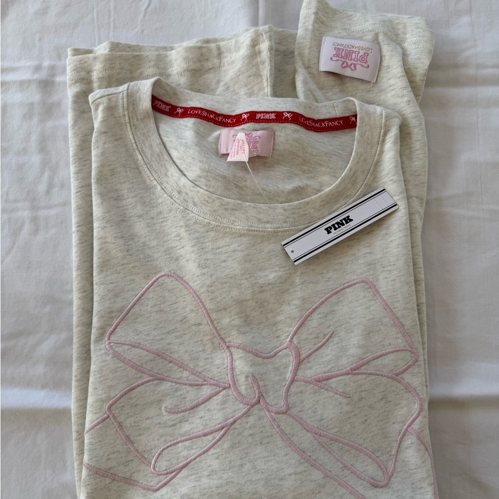 LoveShackFancy Cream Tee with Pink Bow